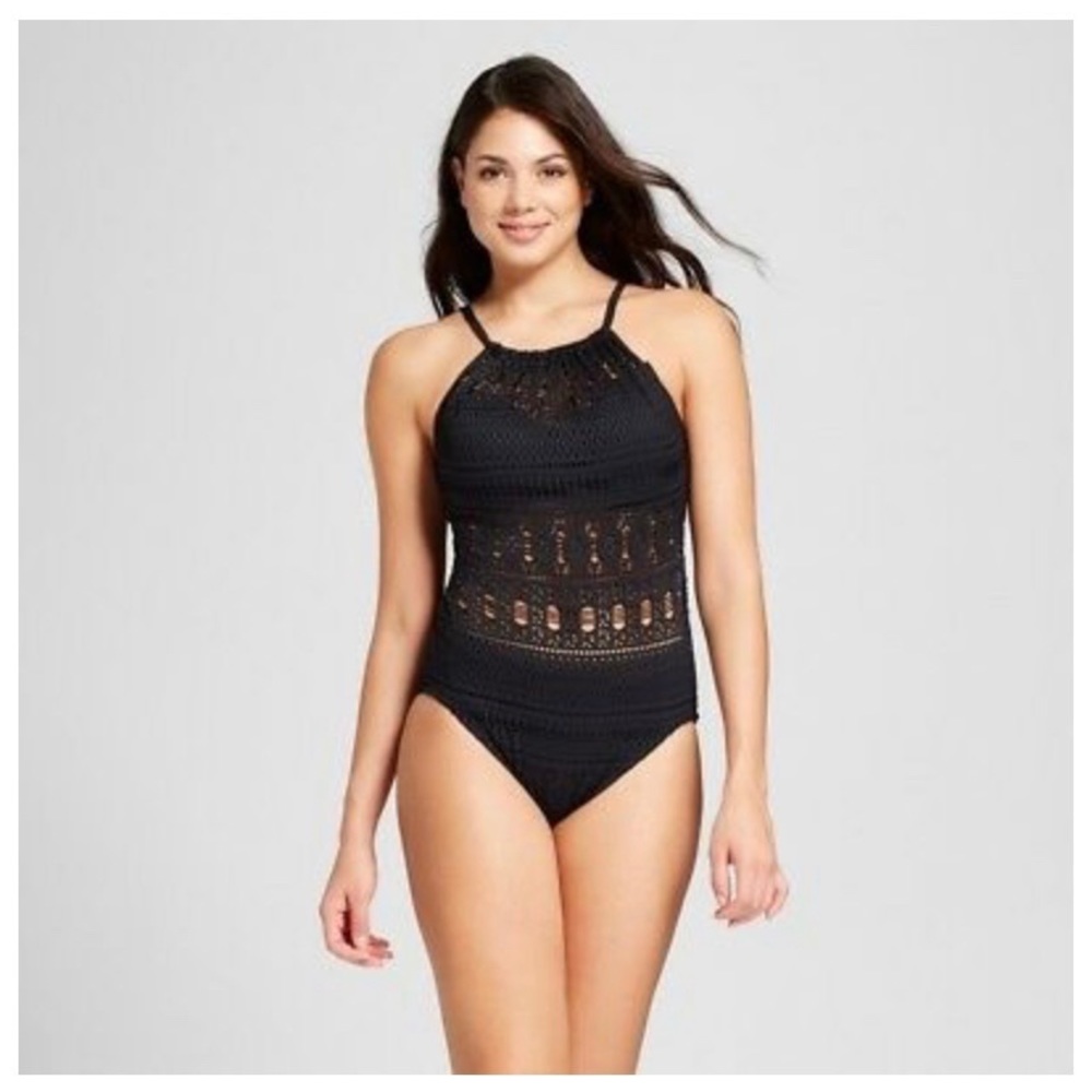 Aqua Green one piece black crochet Bathing suit